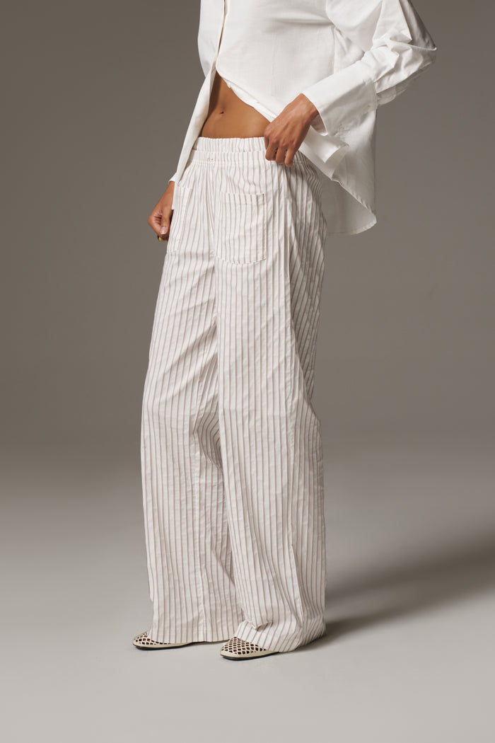 DOUBLE WAISTBAND STRIPE TROUSERS - BEIGE