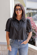 Women's black puff sleeve button front cropped top by Entro