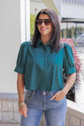 Women's hunter green puff sleeve button front cropped top by Entro