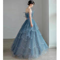 Dusty Blue Tulle Prom Dress 2025 Tiered Skirt