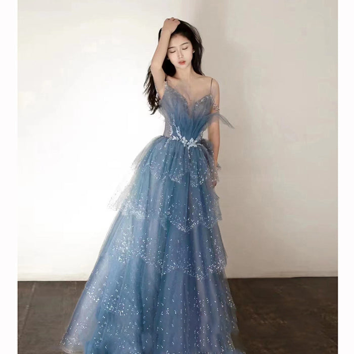 Dusty Blue Tulle Prom Dress 2025 Tiered Skirt
