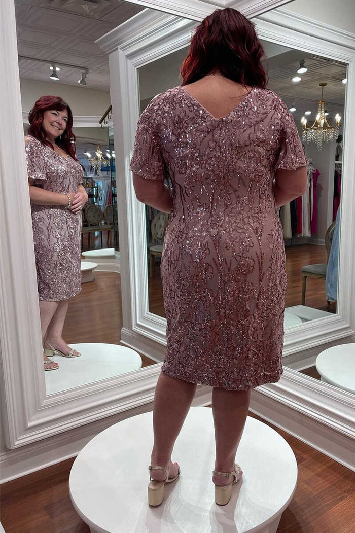 Dusty Pink Sequined V-Neck Cutout Mother of the Bride Dress