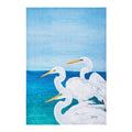 Artistic depiction of three white egrets by a blue water body