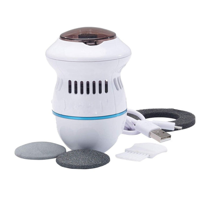 Electric foot file with vacuum system and two diamond heads displayed on a clean white background