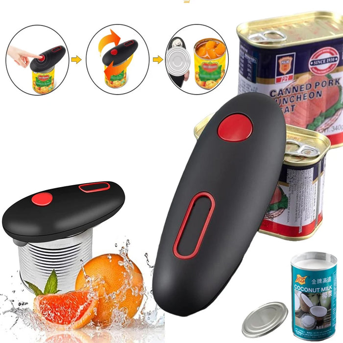 Compact one-touch opener shown from above with smooth black finish and curved handheld design