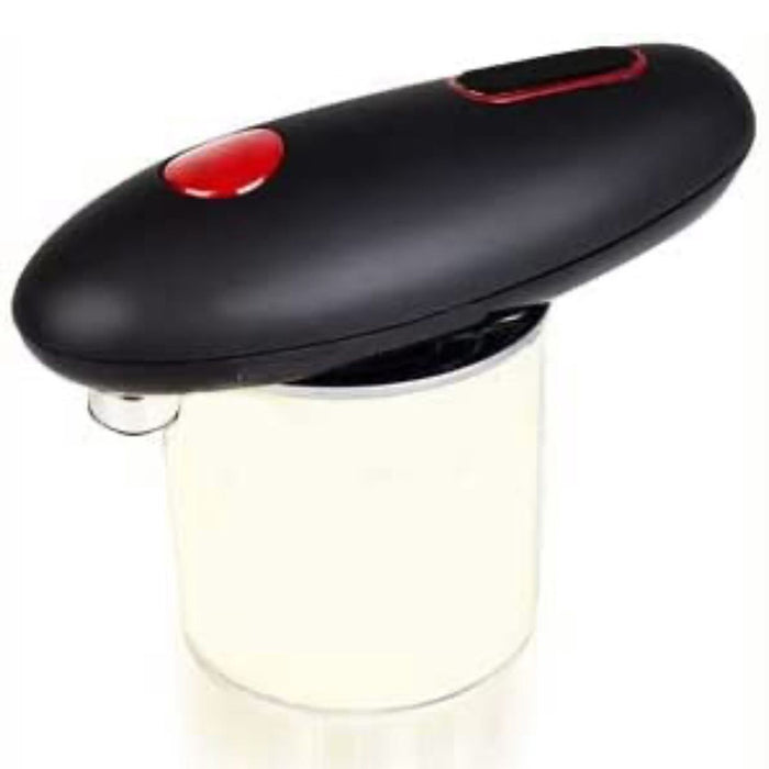 Black electric opener next to canned vegetables for quick meal prep on a marble countertop