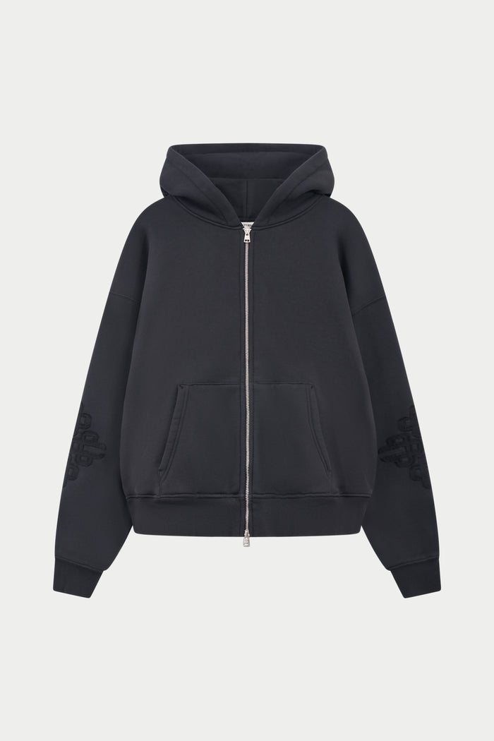 EMBLEM APPLIQUE ZIP THROUGH HOODIE - BLACK