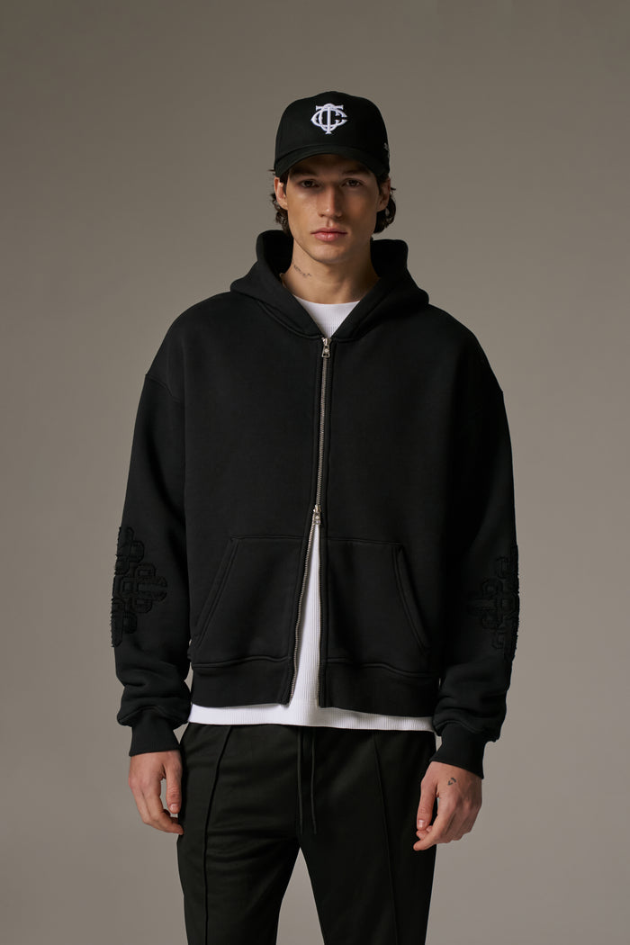 EMBLEM APPLIQUE ZIP THROUGH HOODIE - BLACK