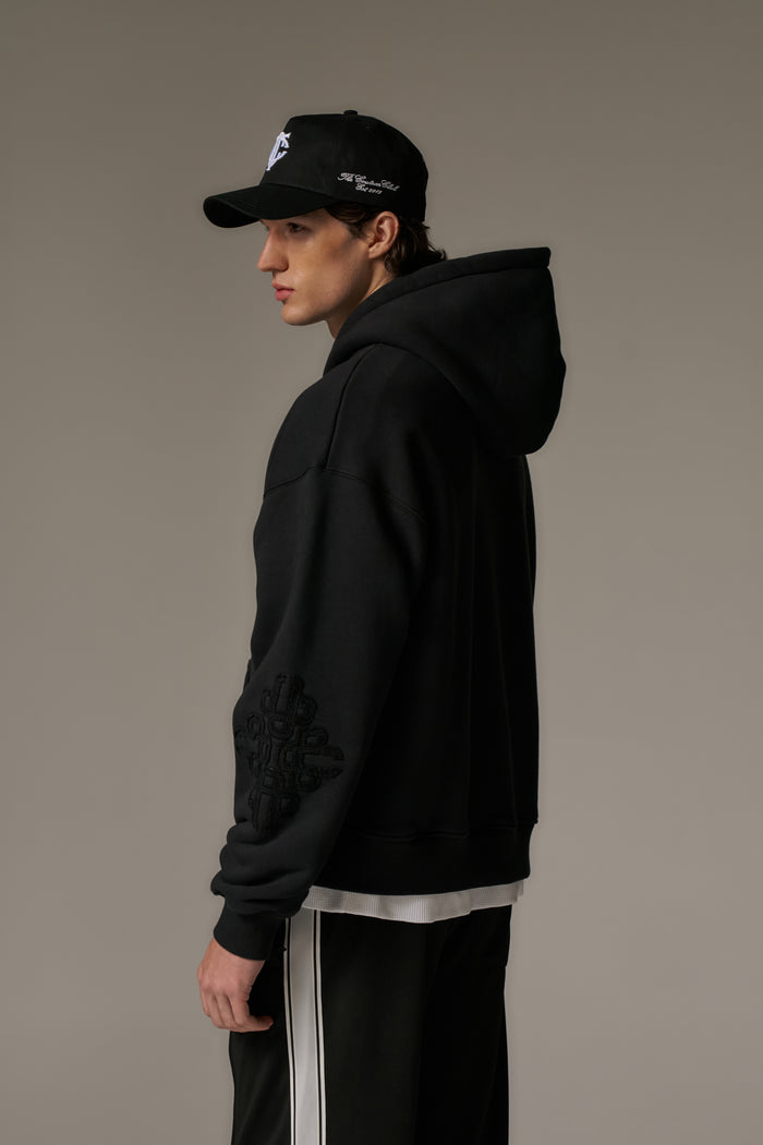 EMBLEM APPLIQUE ZIP THROUGH HOODIE - BLACK