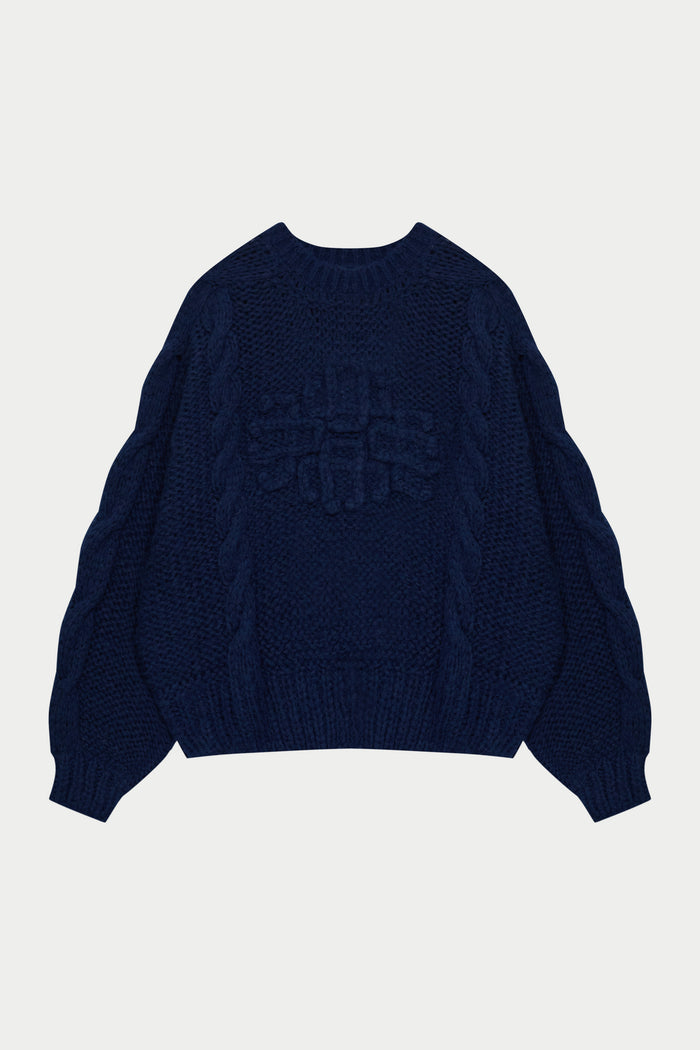 EMBLEM PLAITED OVERSIZED KNIT JUMPER - NAVY