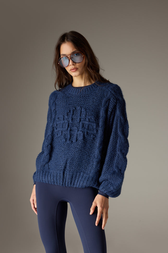 EMBLEM PLAITED OVERSIZED KNIT JUMPER - NAVY