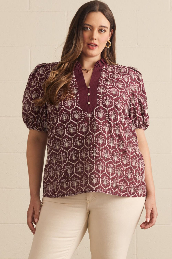 ENTRO Embroidered Puff Sleeve With Ruffle Neck Top In Wine PLUS Sizes