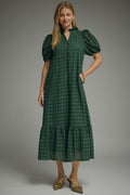 ENTRO Eyelet Short Puff Sleeve Midi Dress In Hunter Green PLUS Size