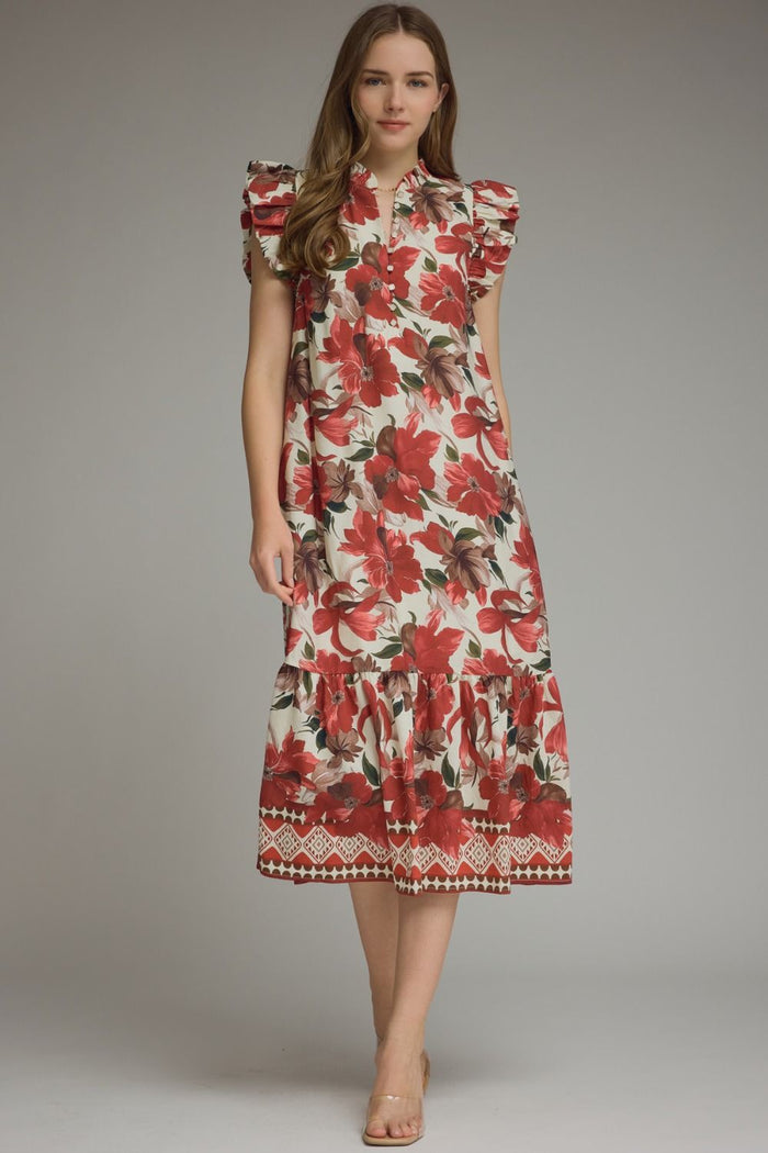ENTRO Floral Flutter Sleeve Midi Dress In Burgundy