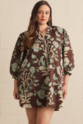 ENTRO Floral Print 3/4 Puff Sleeve Mini Dress In Chocolate PLUS Sizes