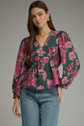 ENTRO Floral Print Long Sleeve V Neck Top In Hunter Green
