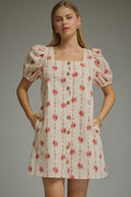 ENTRO Floral Print Square Neck Puff Sleeve Mini Dress In Ecru