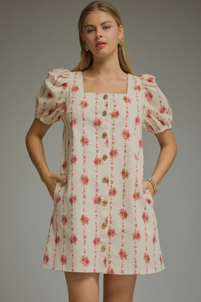 ENTRO Floral Print Square Neck Puff Sleeve Mini Dress In Ecru