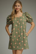 ENTRO Floral Print Square Neck Puff Sleeve Mini Dress In Olive