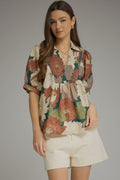 ENTRO Floral Puff Sleeve Top With V Neck In Teal