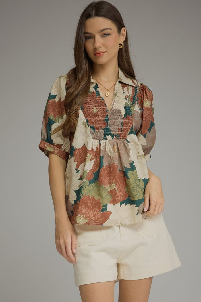 ENTRO Floral Puff Sleeve Top With V Neck In Teal
