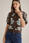ENTRO Floral Short Sleeve Sweater Cardigan In Brown