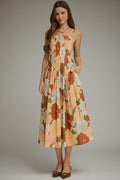 ENTRO Floral Sleeveless Midi Dress With Pleated Bodice In Olive