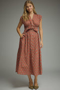 ENTRO Geo Print Sleeveless Midi Dress In Rust