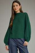 ENTRO Long Balloon Sleeve Knit Mock Neck Top In Pine