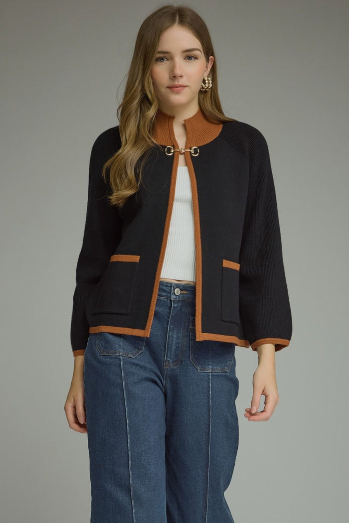 ENTRO Long Sleeve Knit Jacket With Horse Bit Detail In Black