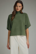ENTRO Mock Neck Short Sleeve Sweater Top In Olive