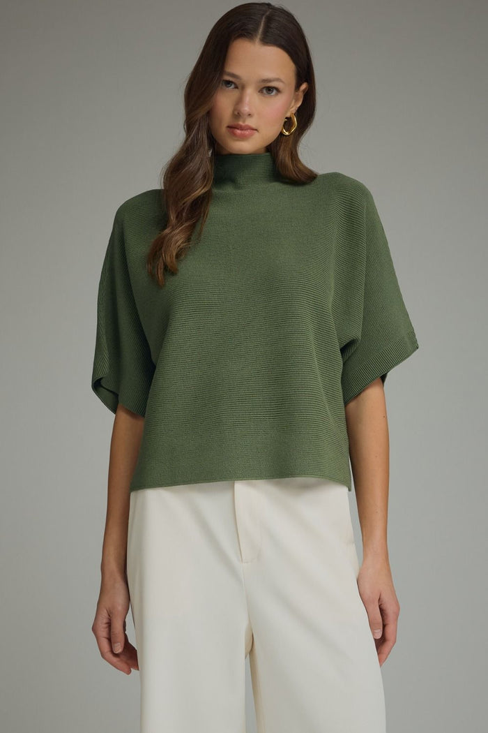 ENTRO Mock Neck Short Sleeve Sweater Top In Olive