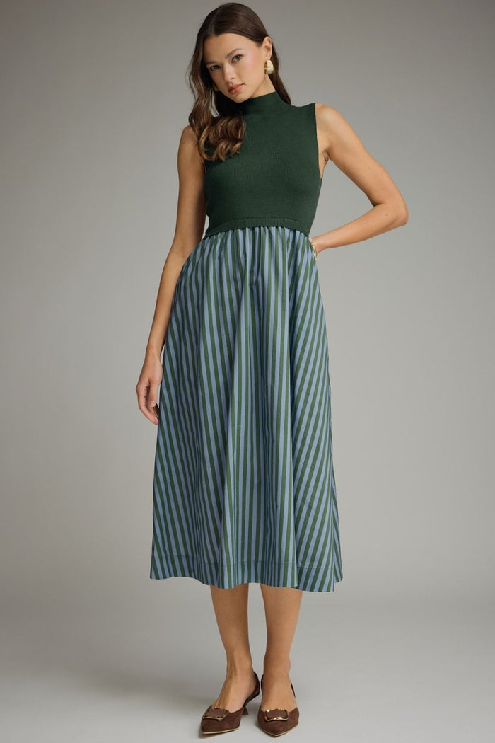 ENTRO Mock Neck Sleeveless Midi Dress With Stripes In Hunter Green
