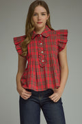 ENTRO Plaid Flutter Sleeve Top In Red