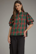 ENTRO Plaid Short Puff Sleeve Top With High Neck In Green *COMING SOON*