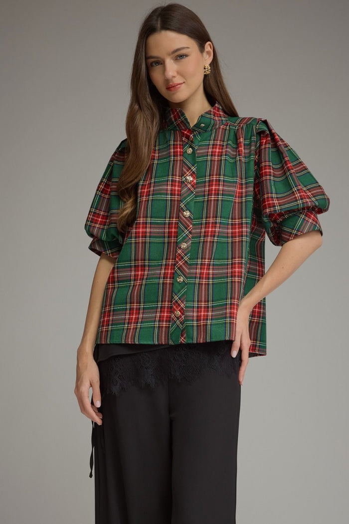 ENTRO Plaid Short Puff Sleeve Top With High Neck In Green *COMING SOON*