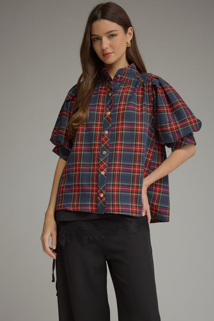 ENTRO Plaid Short Puff Sleeve Top With High Neck In Navy *COMING SOON*