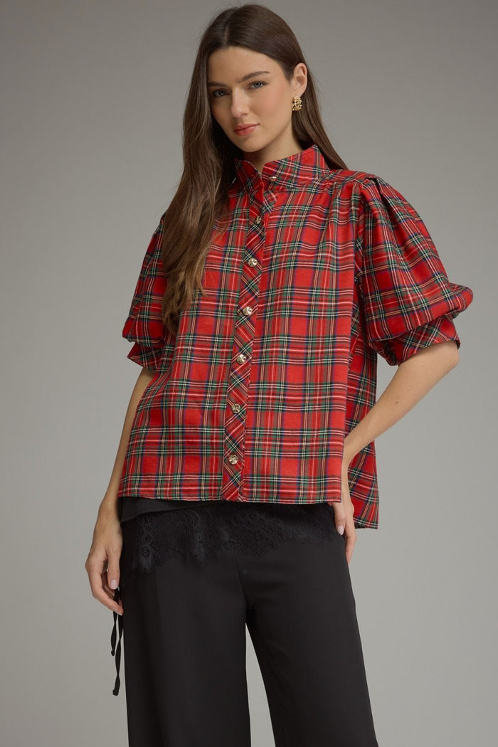 ENTRO Plaid Short Puff Sleeve Top With High Neck In Red *COMING SOON*