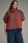 ENTRO Plaid Short Puff Sleeve Top With High Neck In Red PLUS Sizes *COMING SOON*