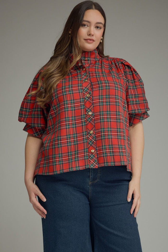 ENTRO Plaid Short Puff Sleeve Top With High Neck In Red PLUS Sizes *COMING SOON*