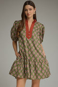 ENTRO Plaid Short Sleeve Mini Dress In Olive