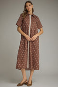 ENTRO Polka Dot Contrast Trim Midi Dress In Brown