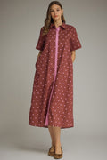 ENTRO Polka Dot Contrast Trim Midi Dress In Burgundy