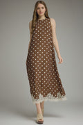 ENTRO Polka Dot Sleeveless Midi Dress With Lace Hem In Brown