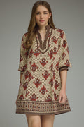 ENTRO Printed 3/4 Sleeve Mini Dress In Brown