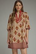 ENTRO Printed 3/4 Sleeve Mini Dress In Rust