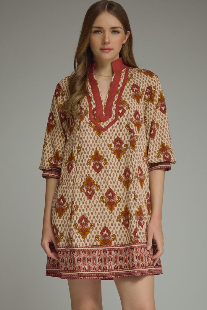 ENTRO Printed 3/4 Sleeve Mini Dress In Rust