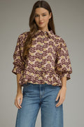 ENTRO Printed Short Puff Sleeve Top In Blush
