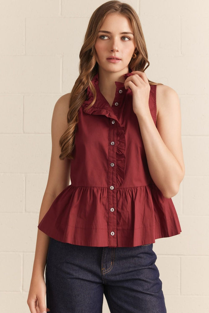 ENTRO Ruffle Collar Peplum Top In Burgundy