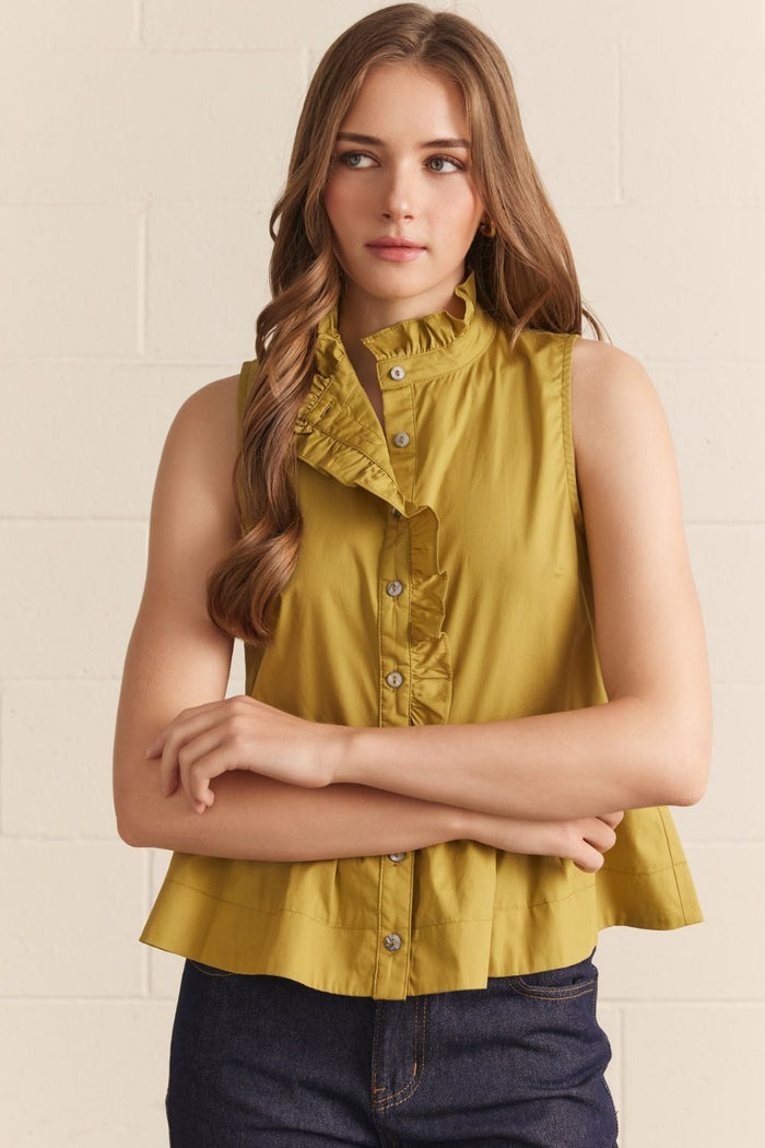 ENTRO Ruffle Collar Peplum Top In Martini Olive